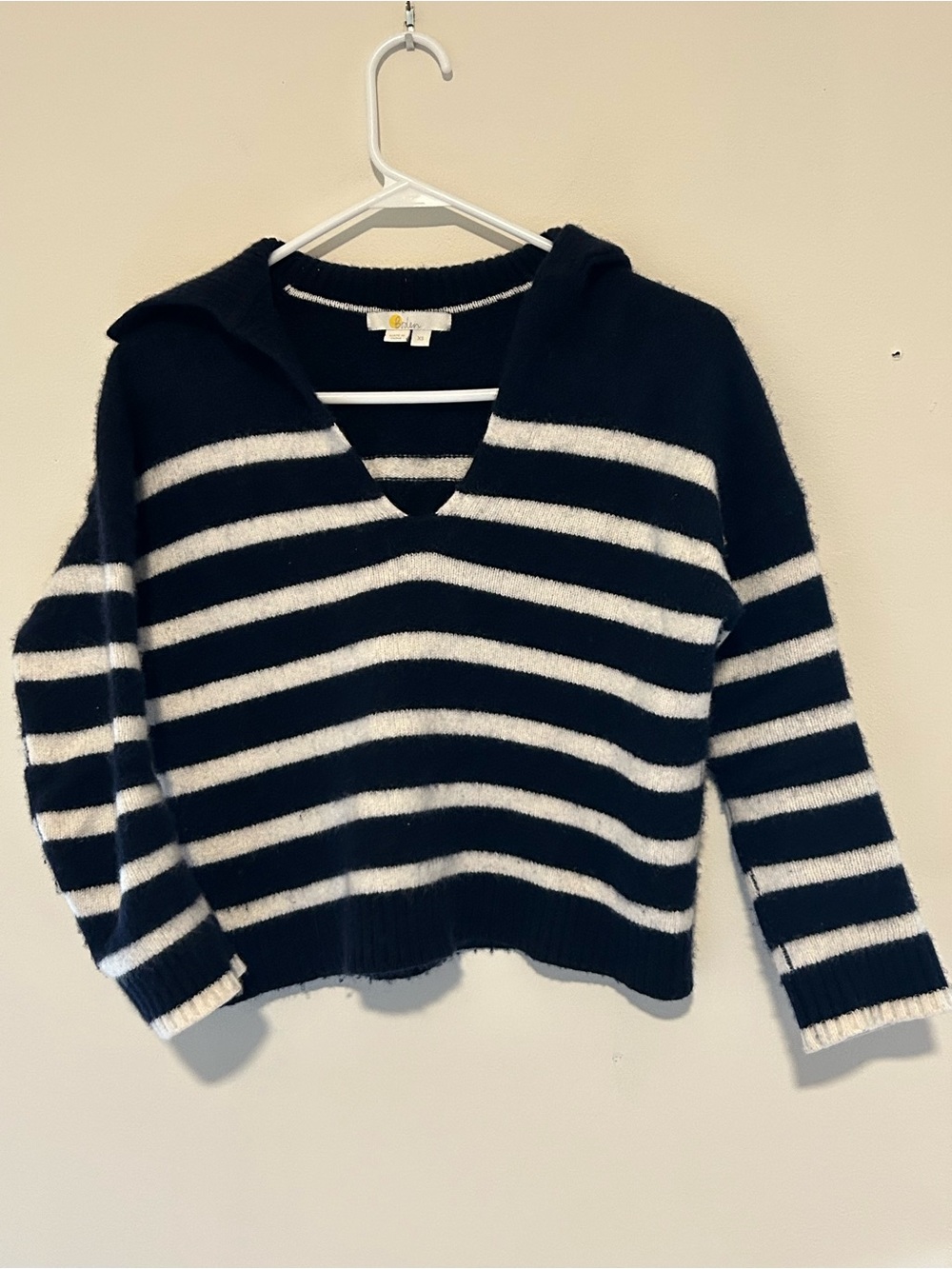 Boden Navy & White Striped V-Neck Cashmere Sweater